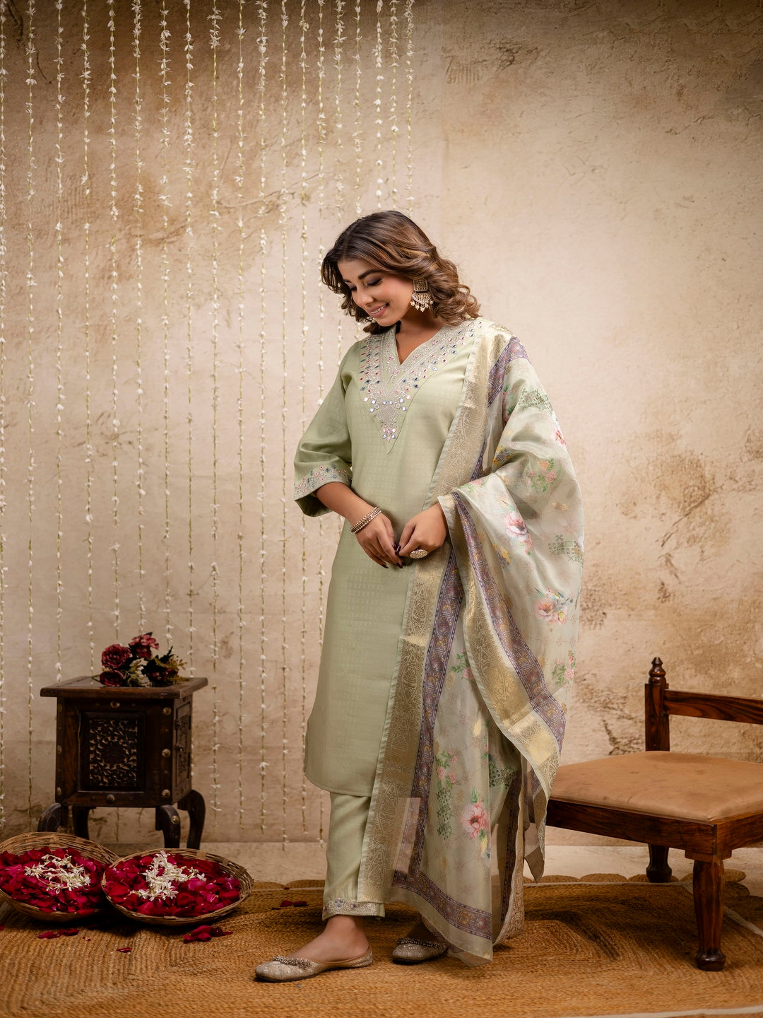 Embroidered Solid V-Neck Muslin Kurta & Pant With Dupatta