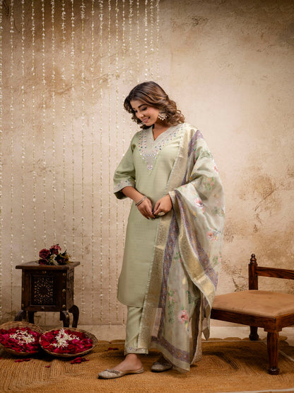 Embroidered Solid V-Neck Muslin Kurta & Pant With Dupatta