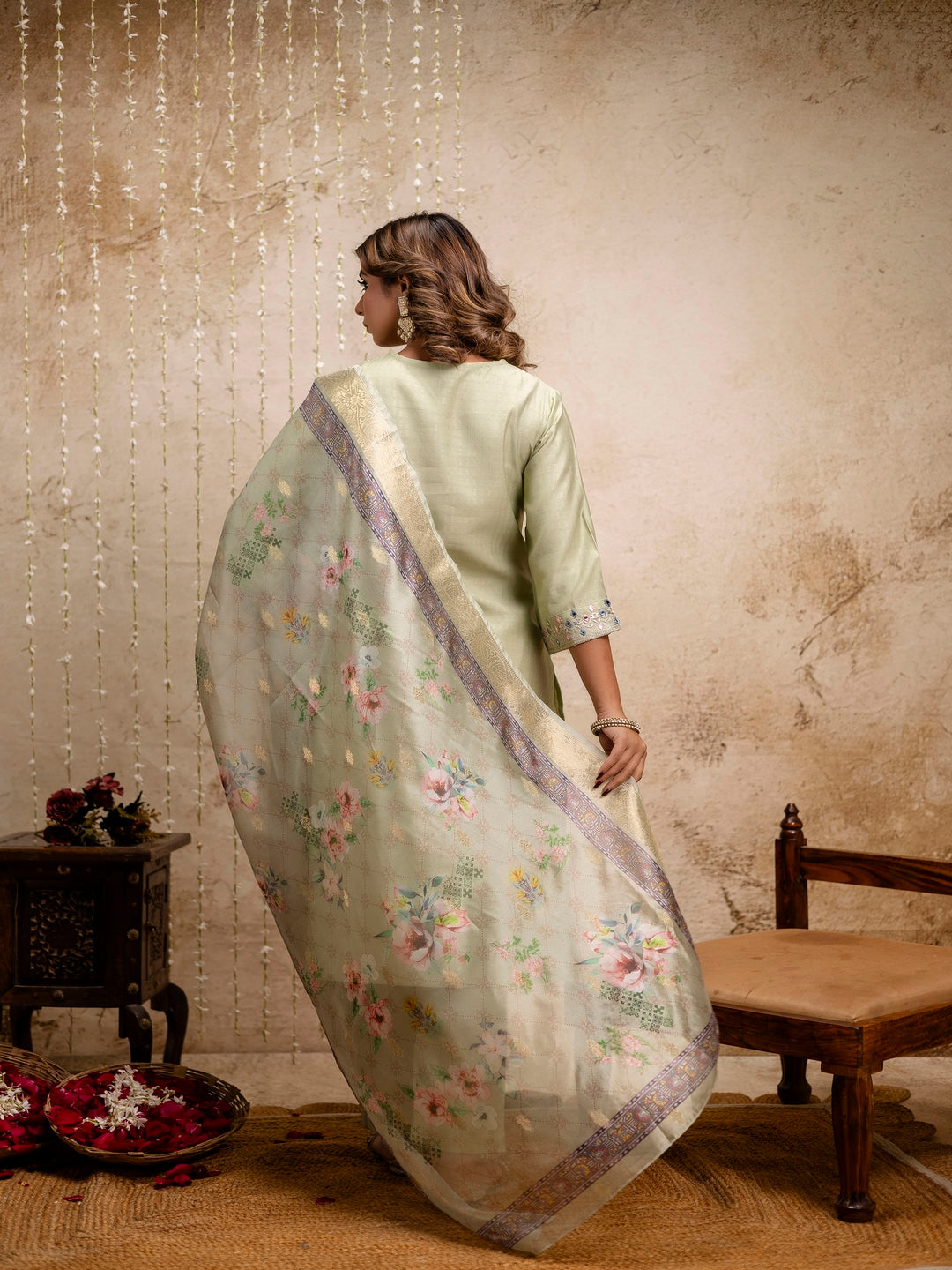 Embroidered Solid V-Neck Muslin Kurta & Pant With Dupatta