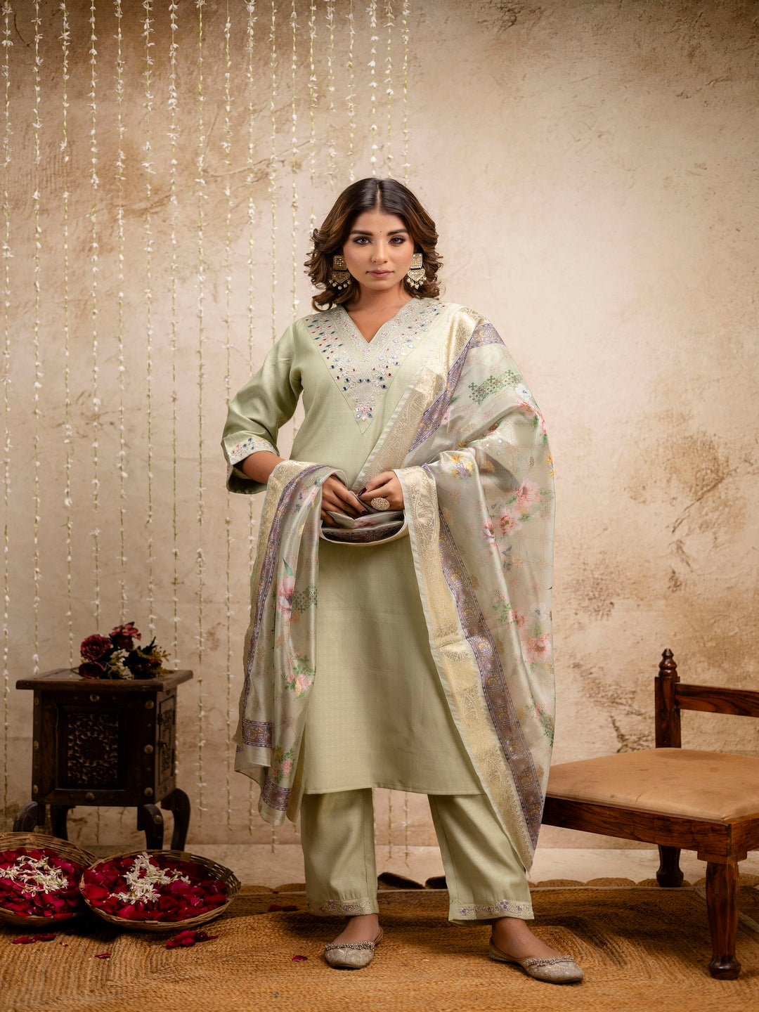 Embroidered Solid V-Neck Muslin Kurta & Pant With Dupatta