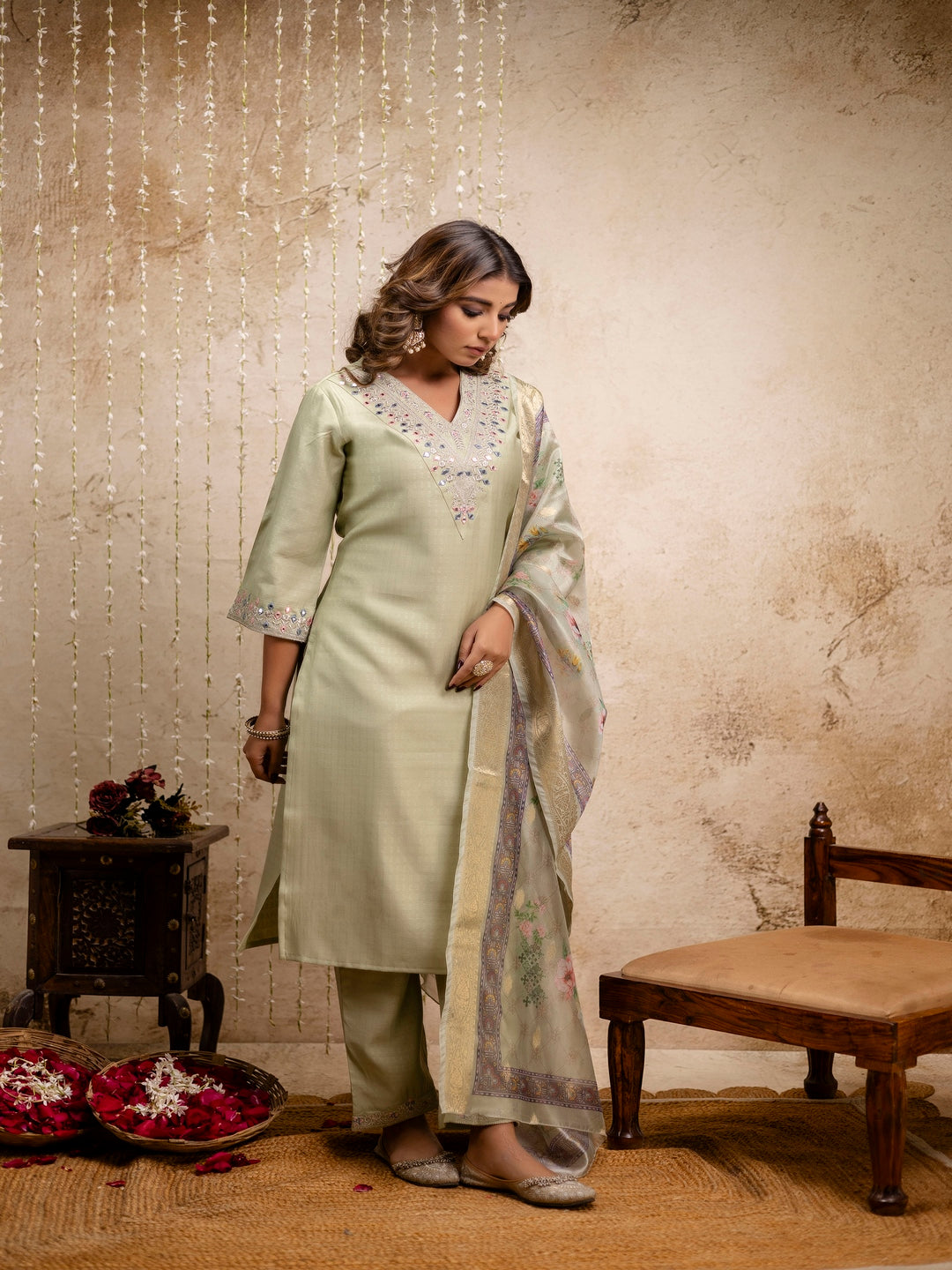 Embroidered Solid V-Neck Muslin Kurta & Pant With Dupatta
