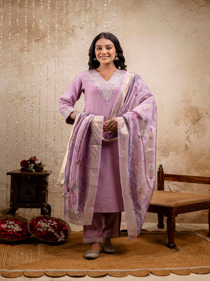 Embroidered Solid V-Neck Muslin Kurta & Pant With Dupatta