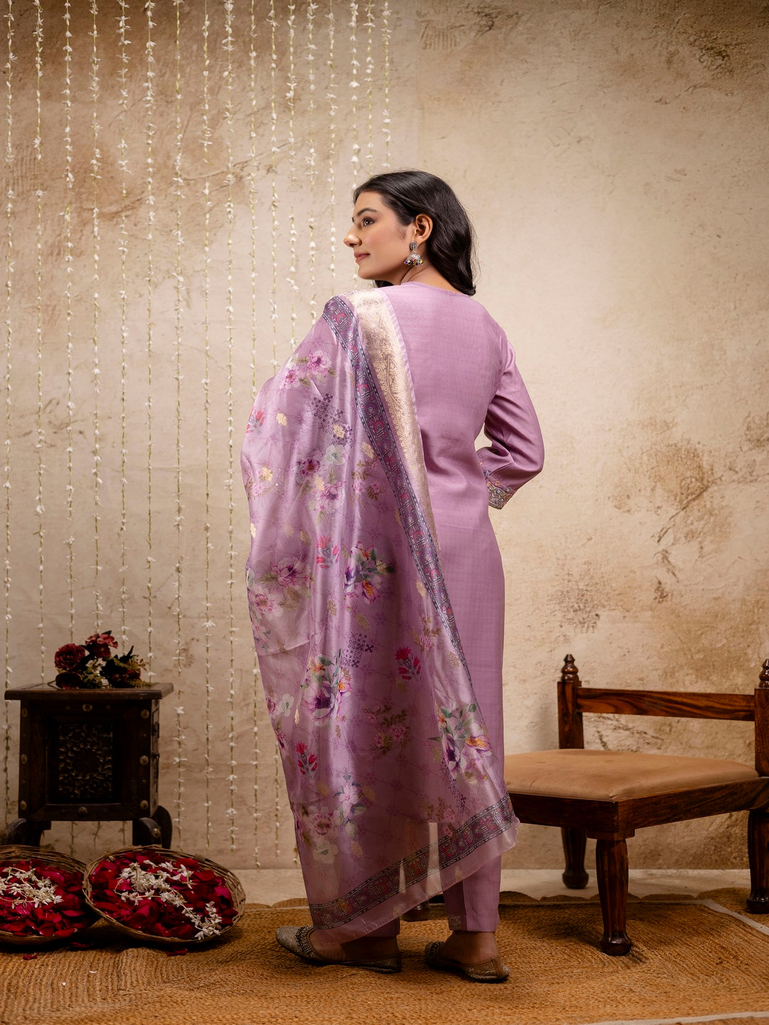 Embroidered Solid V-Neck Muslin Kurta & Pant With Dupatta