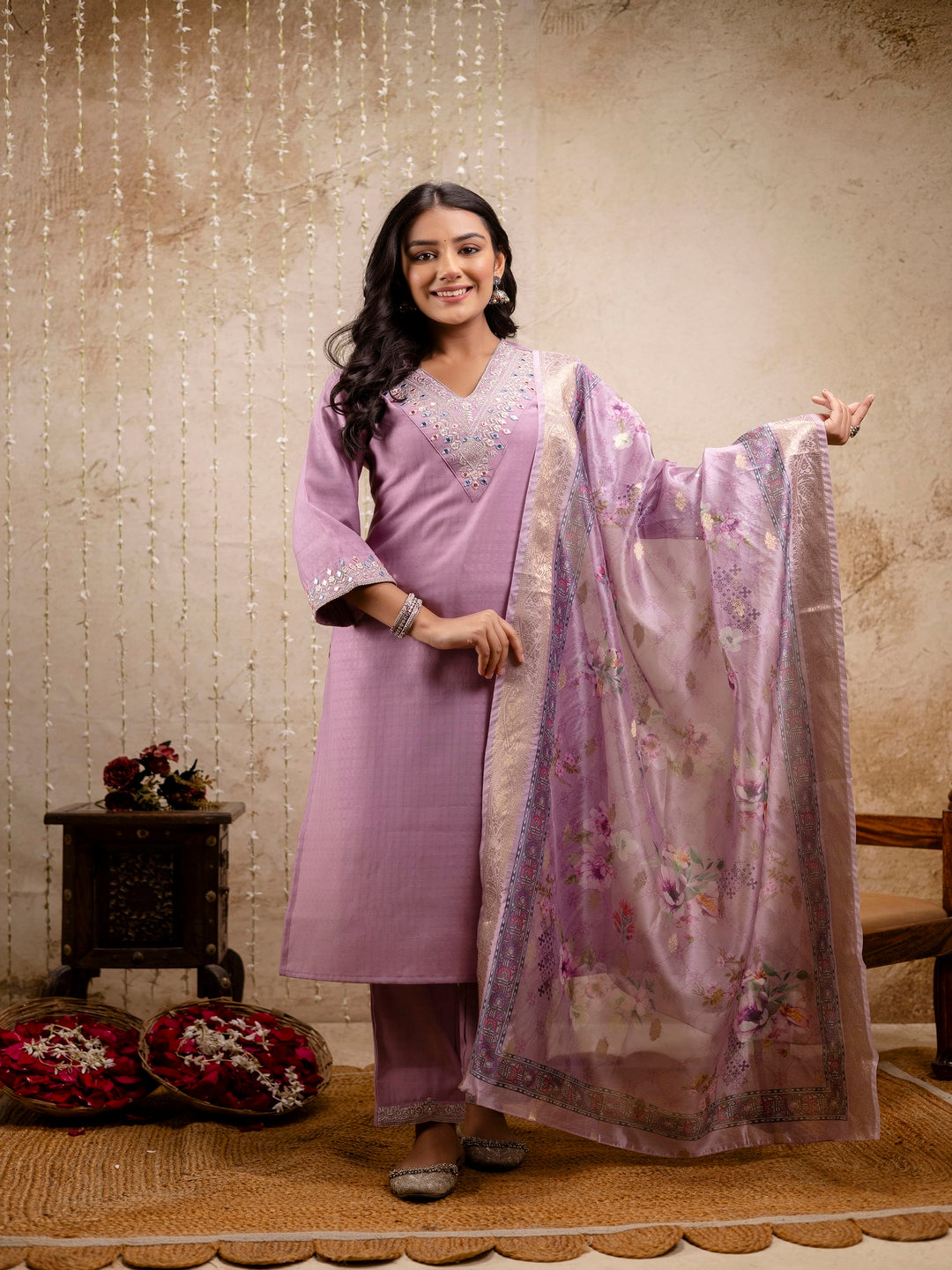 Embroidered Solid V-Neck Muslin Kurta & Pant With Dupatta