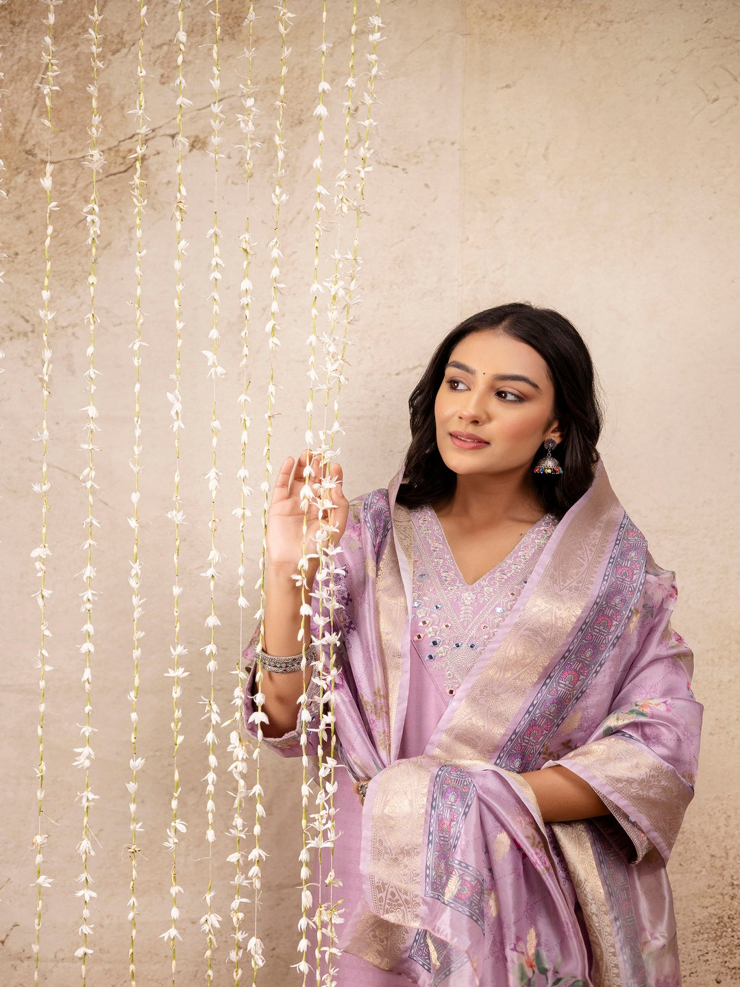 Embroidered Solid V-Neck Muslin Kurta & Pant With Dupatta