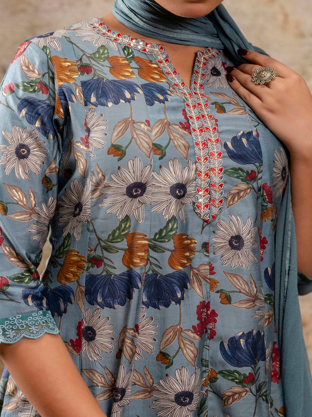 Embroidered Floral Round Neck Muslin Kurta & Pant With Dupatta