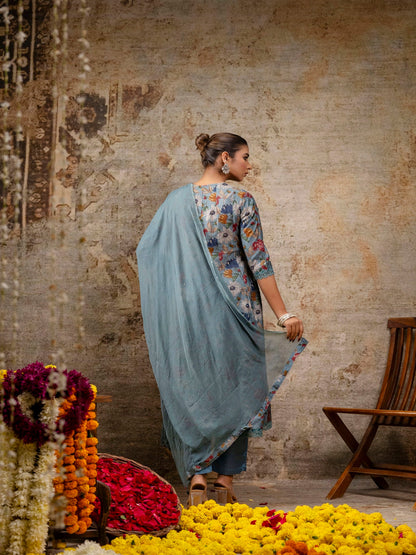 Embroidered Floral Round Neck Muslin Kurta & Pant With Dupatta