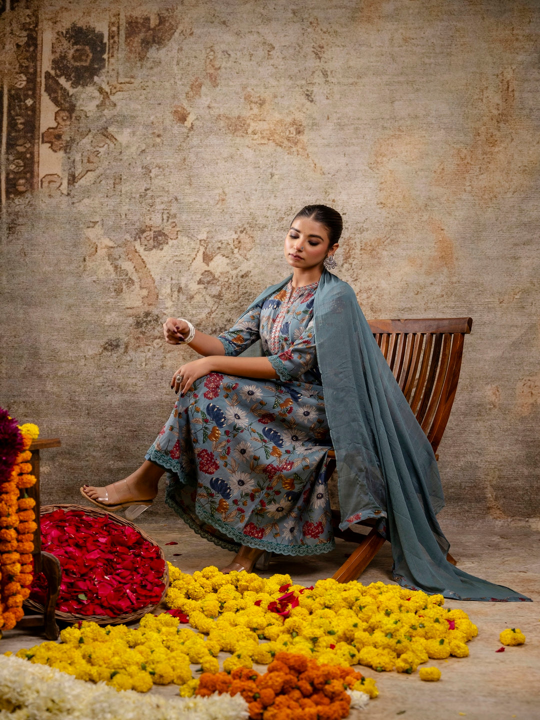 Embroidered Floral Round Neck Muslin Kurta & Pant With Dupatta