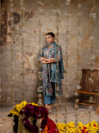 Embroidered Floral Round Neck Muslin Kurta & Pant With Dupatta