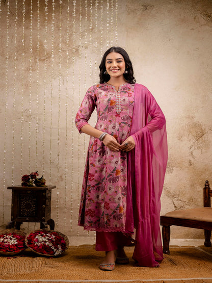 Embroidered Floral Round Neck Muslin Kurta & Pant With Dupatta