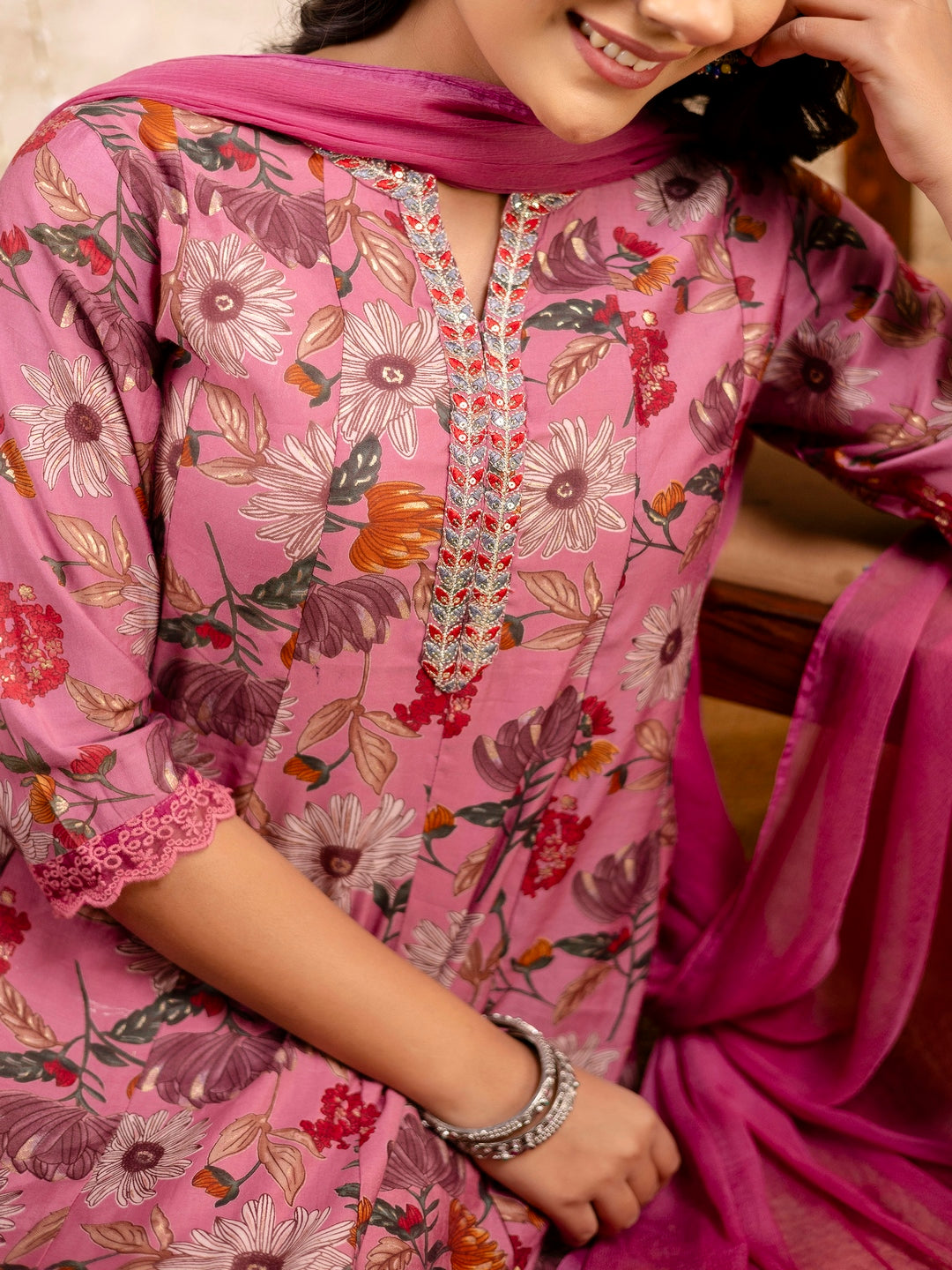 Embroidered Floral Round Neck Muslin Kurta & Pant With Dupatta