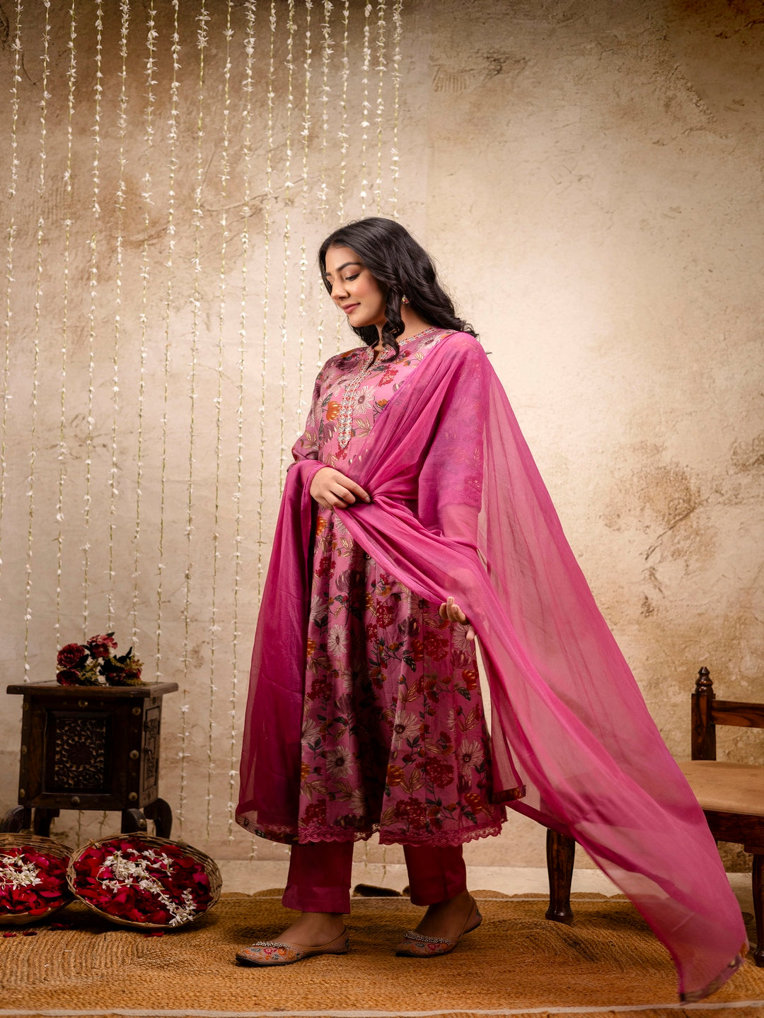 Embroidered Floral Round Neck Muslin Kurta & Pant With Dupatta