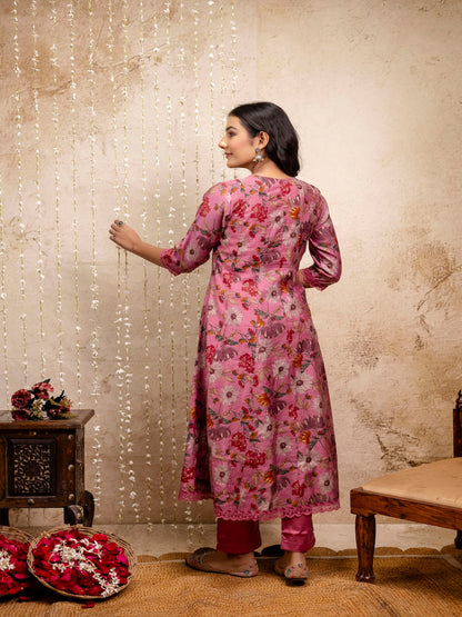 Embroidered Floral Round Neck Muslin Kurta & Pant With Dupatta