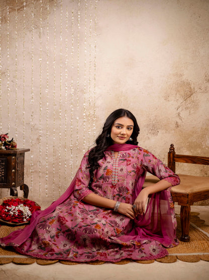 Embroidered Floral Round Neck Muslin Kurta & Pant With Dupatta