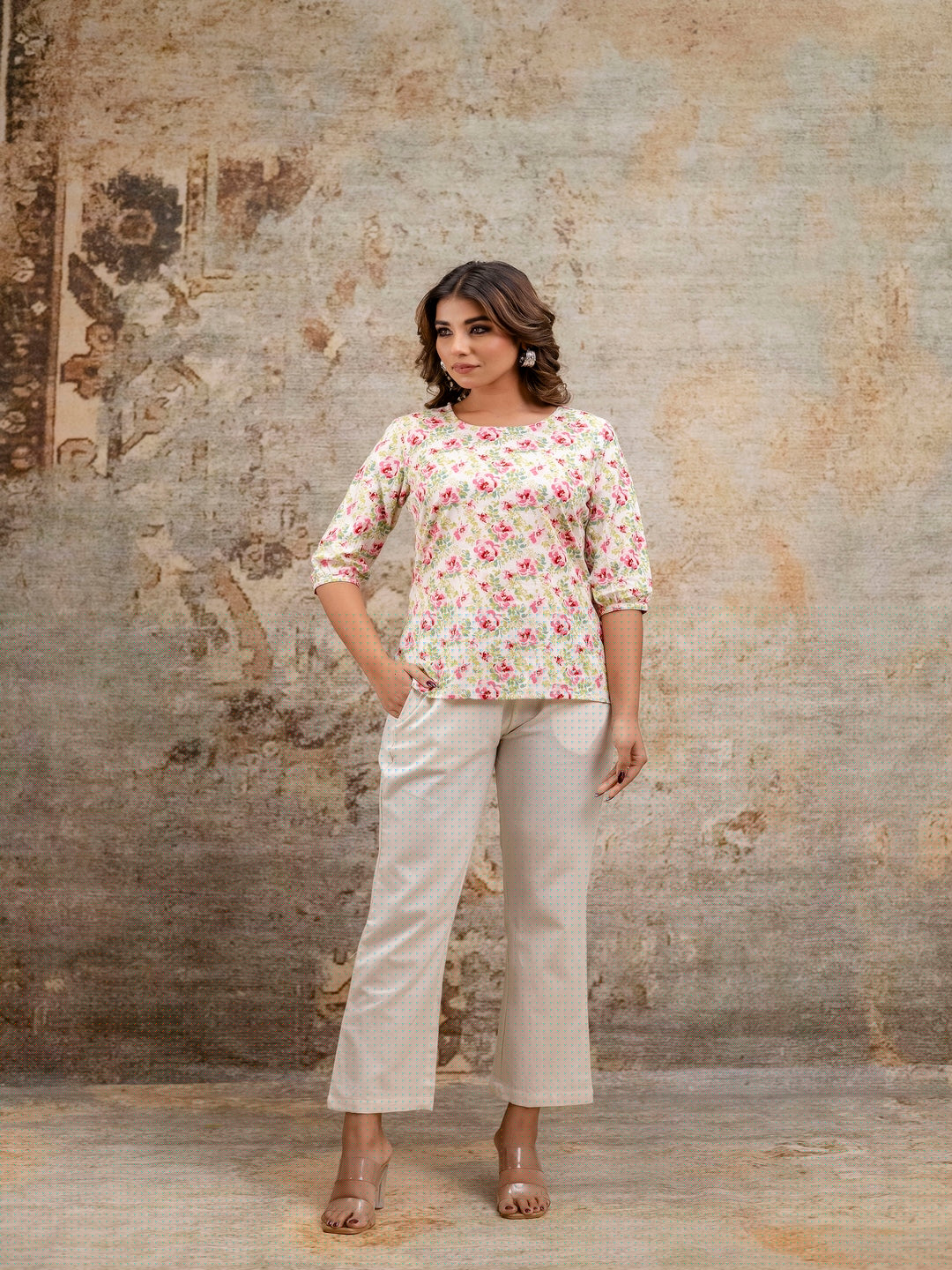 Pink Printed Round Neck Three-Quarter Sleeves Top & Trouser