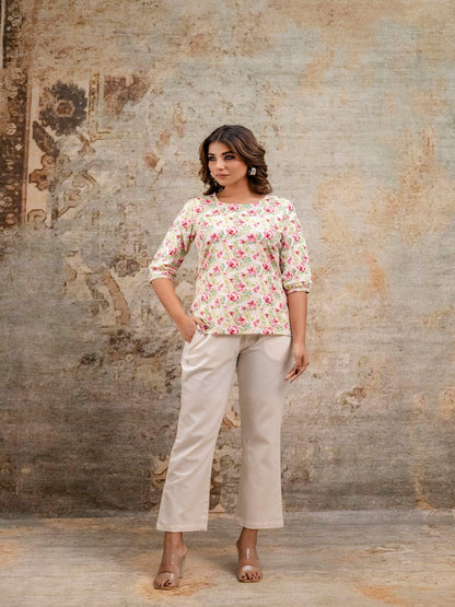 Pink Printed Round Neck Three-Quarter Sleeves Top & Trouser