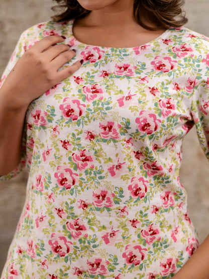 Pink Printed Round Neck Three-Quarter Sleeves Top & Trouser