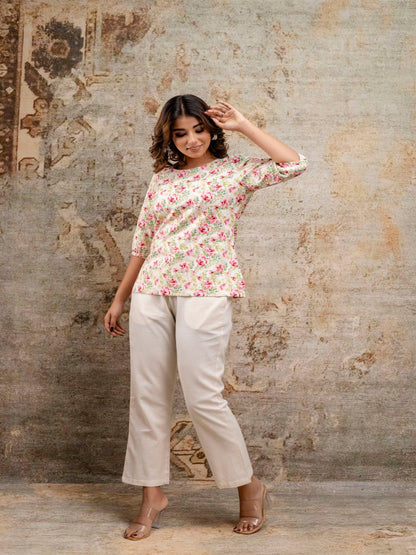 Pink Printed Round Neck Three-Quarter Sleeves Top & Trouser
