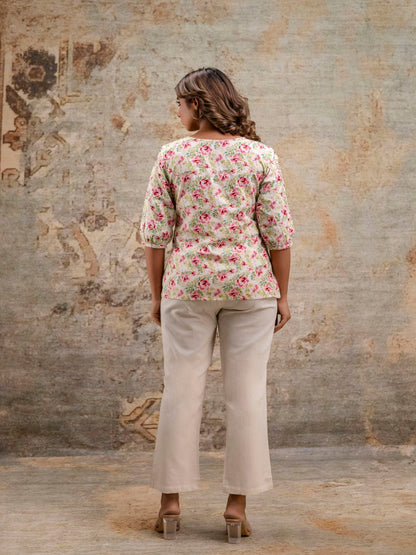 Pink Printed Round Neck Three-Quarter Sleeves Top & Trouser