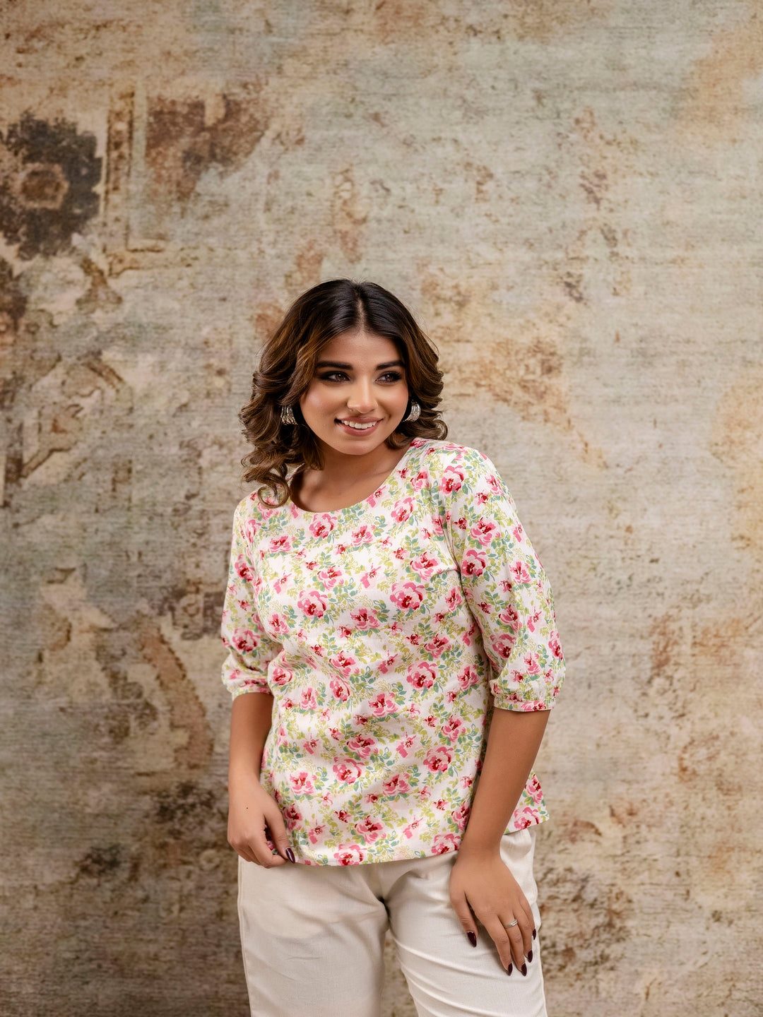 Pink Printed Round Neck Three-Quarter Sleeves Top & Trouser