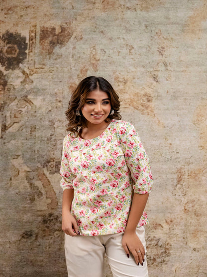 Pink Printed Round Neck Three-Quarter Sleeves Top & Trouser