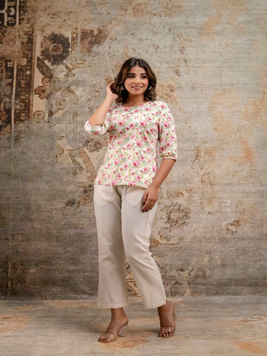 Pink Printed Round Neck Three-Quarter Sleeves Top & Trouser