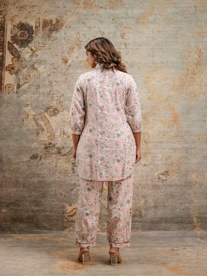 Beige Floral Printed Collar-Neck Three-Quarter Sleeves Top with Trouser