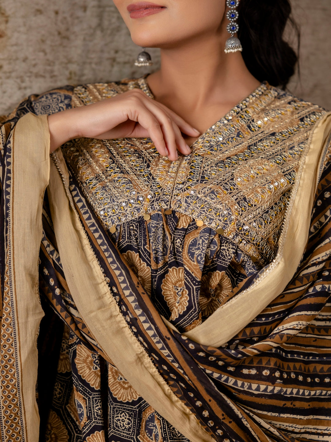 Black Embroidered V-Neck Calf Length Cotton Kurta & Sharara With Dupatta