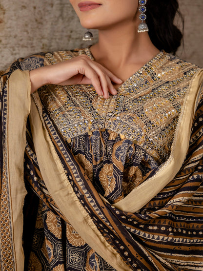 Black Embroidered V-Neck Calf Length Cotton Kurta & Sharara With Dupatta