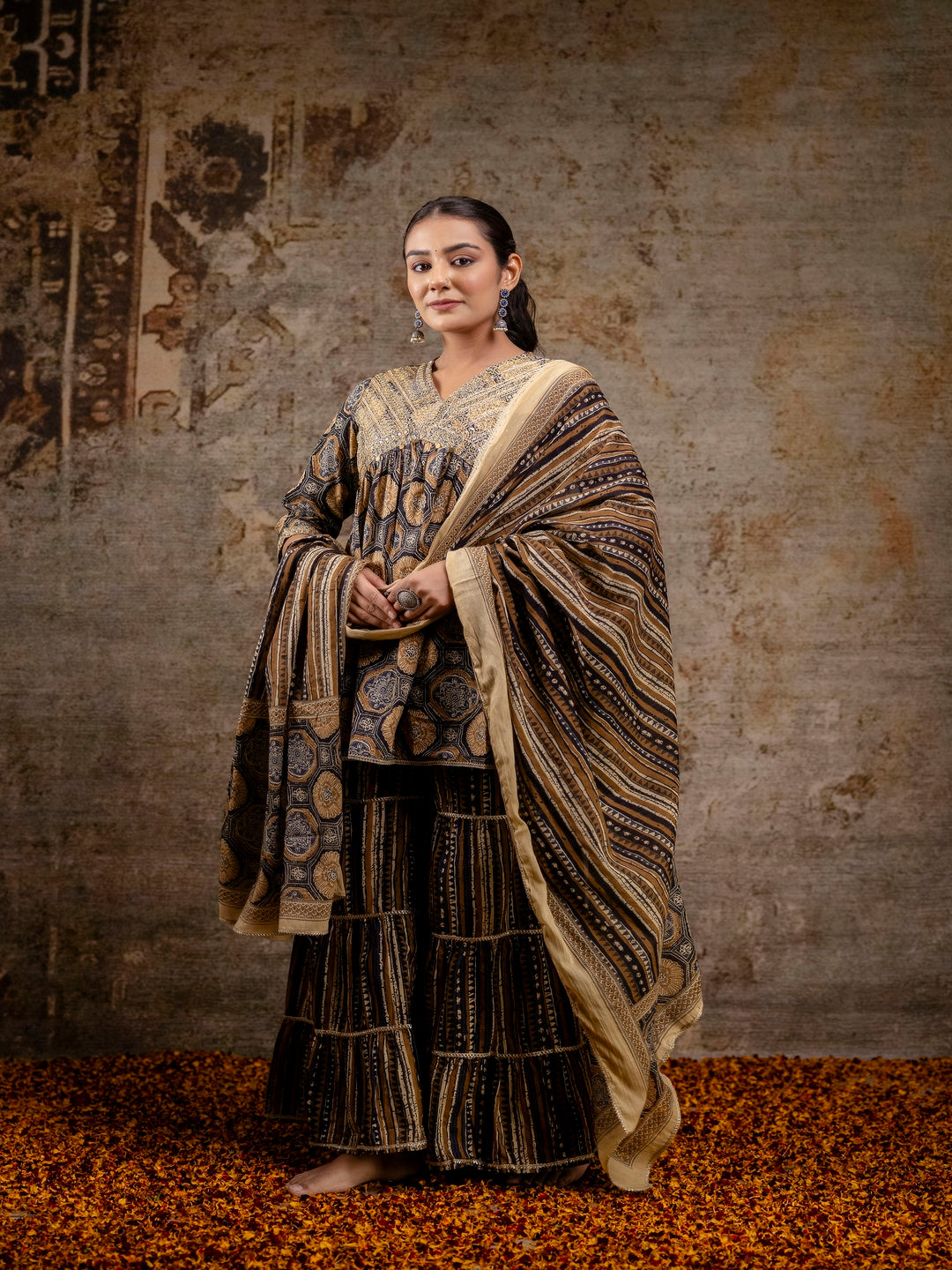 Black Embroidered V-Neck Calf Length Cotton Kurta & Sharara With Dupatta