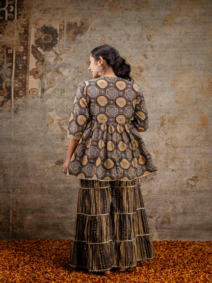 Black Embroidered V-Neck Calf Length Cotton Kurta & Sharara With Dupatta