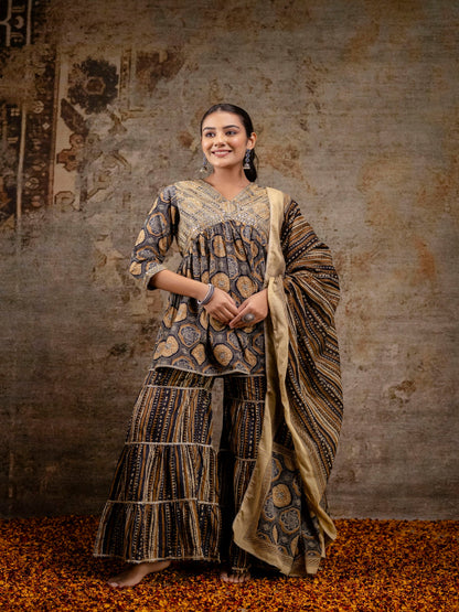 Black Embroidered V-Neck Calf Length Cotton Kurta & Sharara With Dupatta