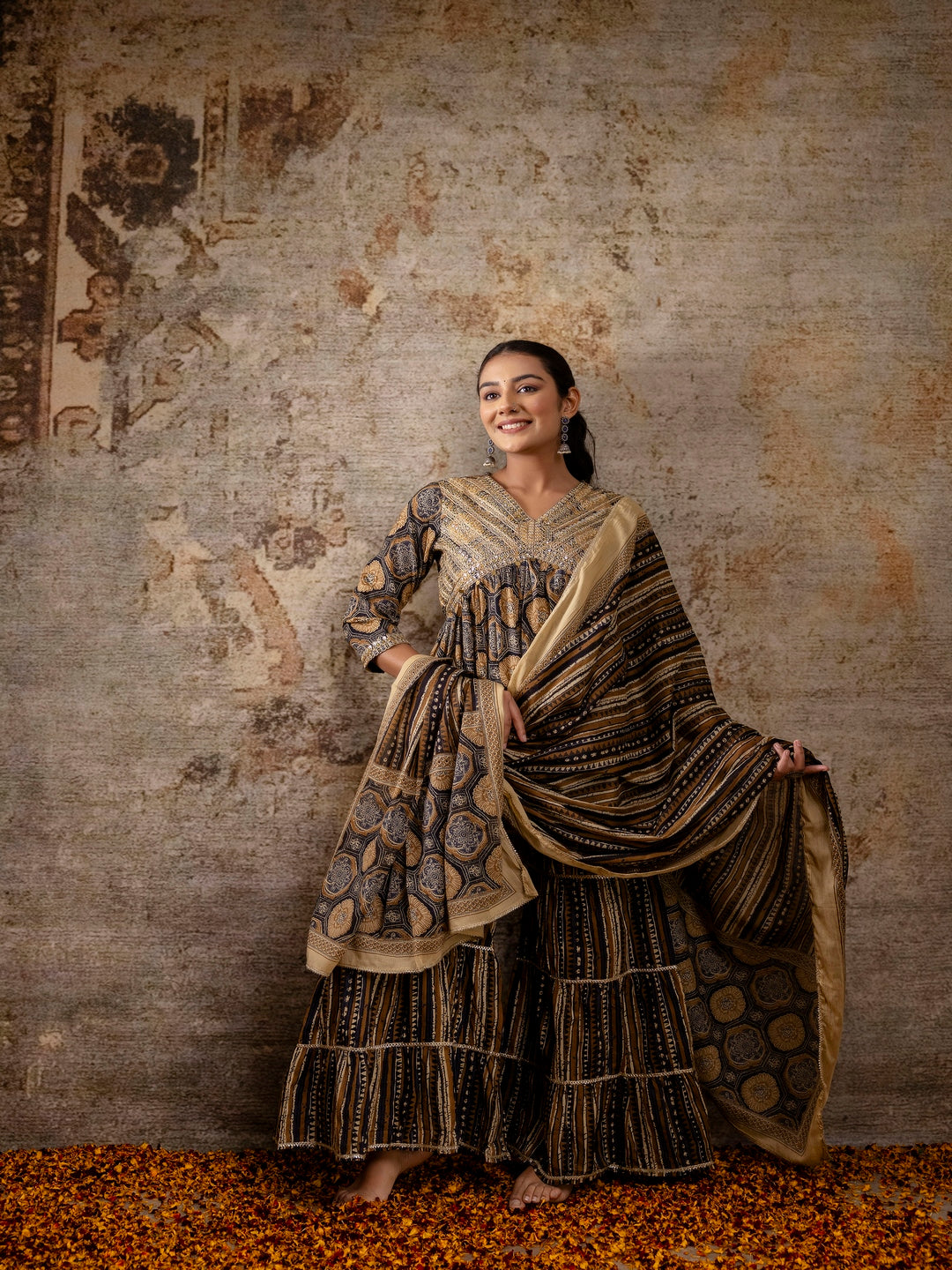 Black Embroidered V-Neck Calf Length Cotton Kurta & Sharara With Dupatta