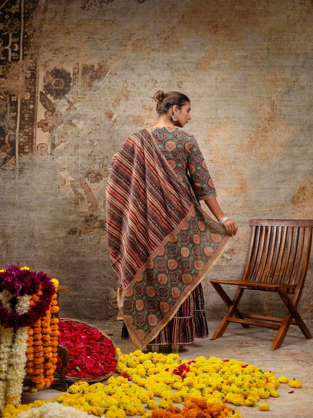 Red Embroidered V-Neck Calf Length Cotton Kurta & Sharara With Dupatta
