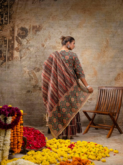 Red Embroidered V-Neck Calf Length Cotton Kurta & Sharara With Dupatta