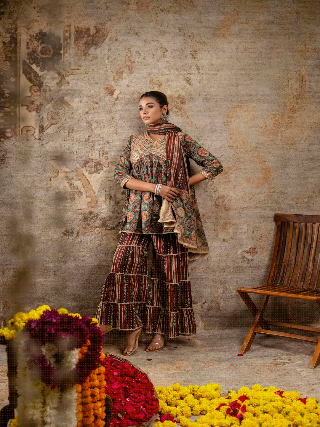 Red Embroidered V-Neck Calf Length Cotton Kurta & Sharara With Dupatta