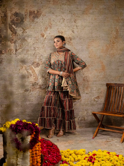 Red Embroidered V-Neck Calf Length Cotton Kurta & Sharara With Dupatta