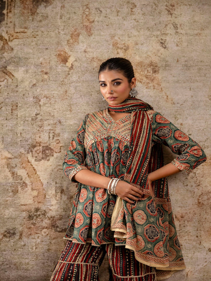 Red Embroidered V-Neck Calf Length Cotton Kurta & Sharara With Dupatta