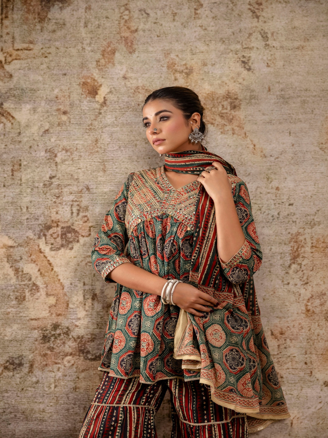 Red Embroidered V-Neck Calf Length Cotton Kurta & Sharara With Dupatta