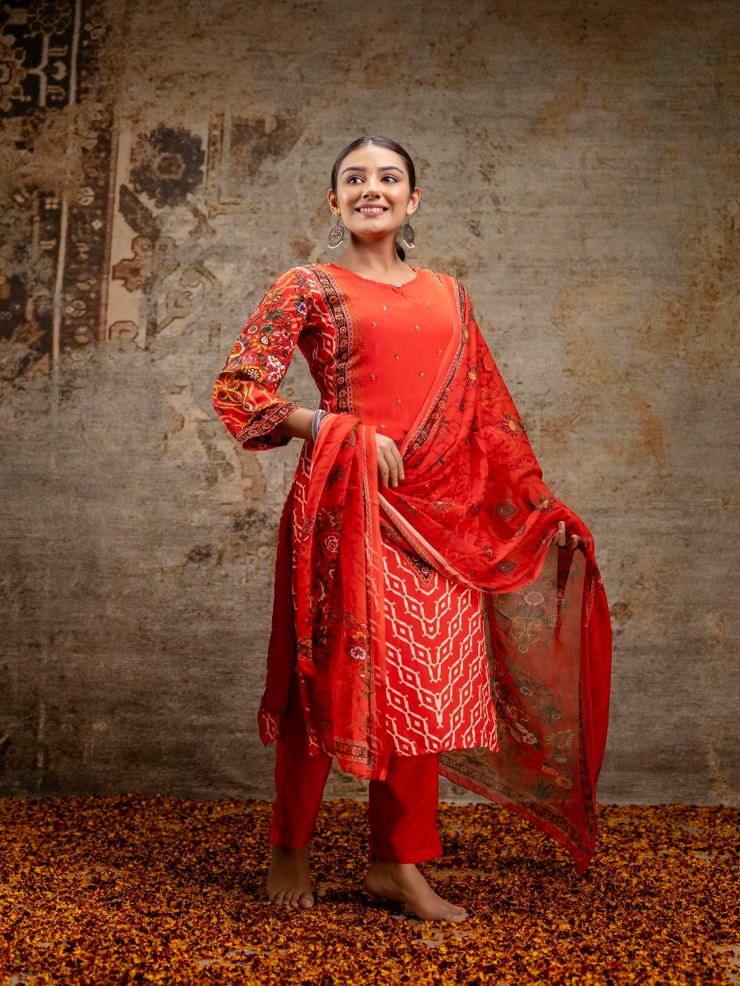 Red Printed Round Neck Calf Length Silk Kurta & Pant With Dupatta