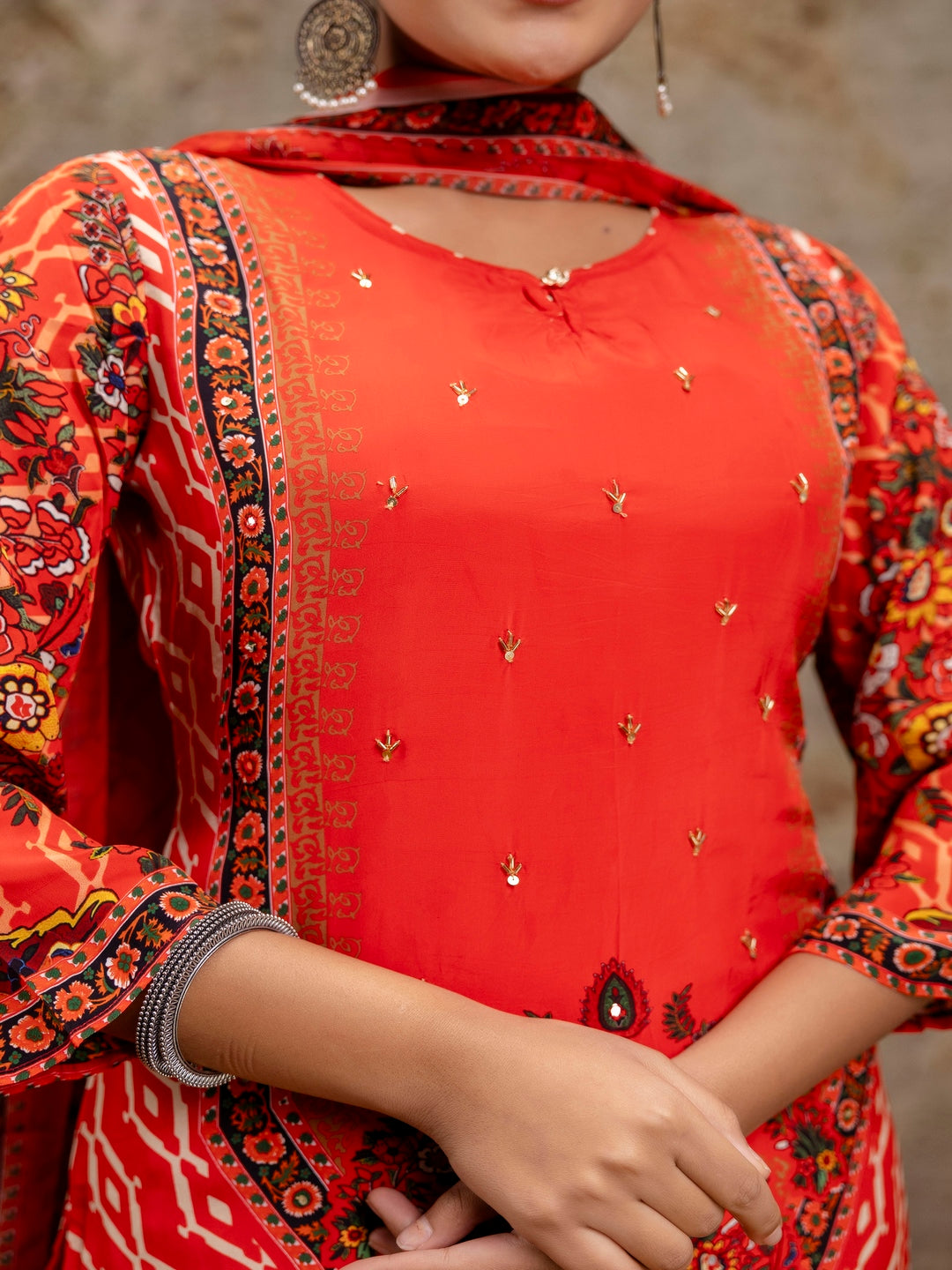 Red Printed Round Neck Calf Length Silk Kurta & Pant With Dupatta