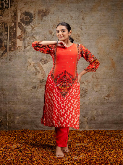 Red Printed Round Neck Calf Length Silk Kurta & Pant With Dupatta