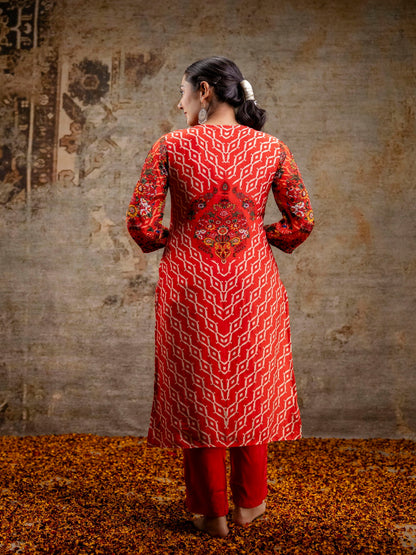 Red Printed Round Neck Calf Length Silk Kurta & Pant With Dupatta