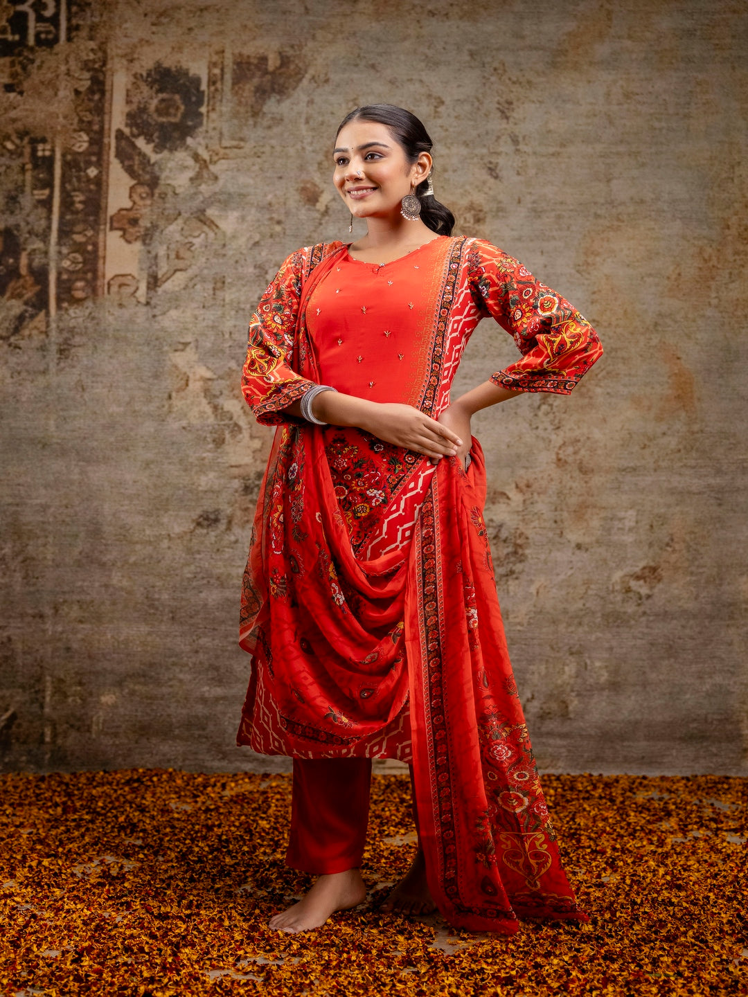 Red Printed Round Neck Calf Length Silk Kurta & Pant With Dupatta