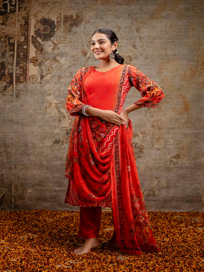 Red Printed Round Neck Calf Length Silk Kurta & Pant With Dupatta