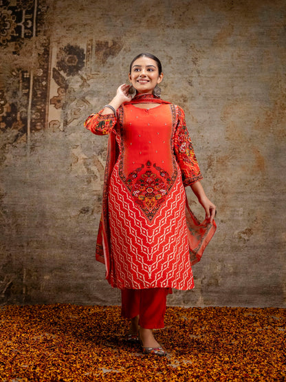 Red Printed Round Neck Calf Length Silk Kurta & Pant With Dupatta