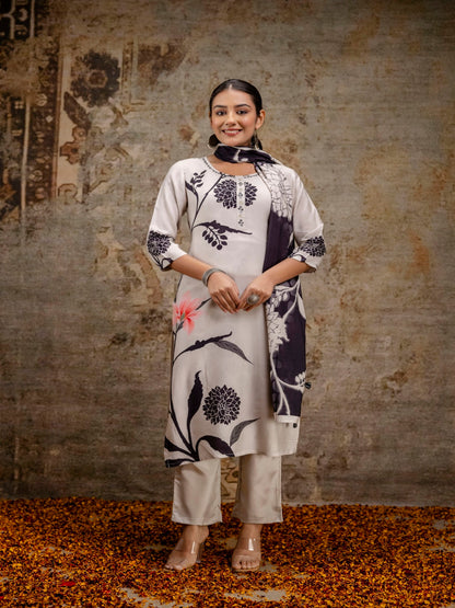 Black Printed Round Neck Calf Length Silk Kurta & Pant With Dupatta