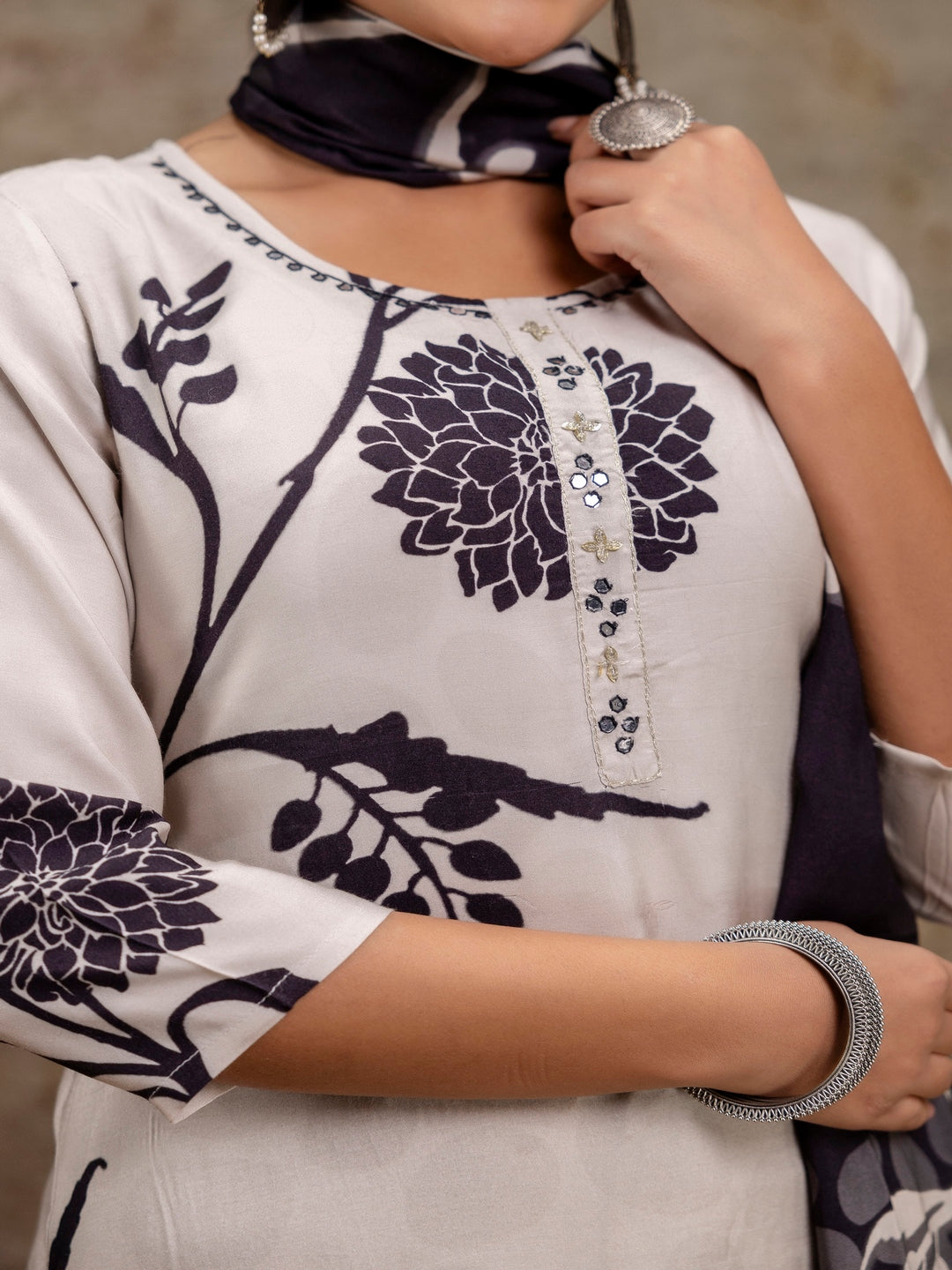 Black Printed Round Neck Calf Length Silk Kurta & Pant With Dupatta