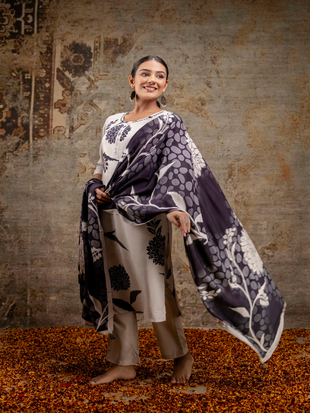 Black Printed Round Neck Calf Length Silk Kurta & Pant With Dupatta