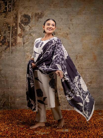 Black Printed Round Neck Calf Length Silk Kurta & Pant With Dupatta